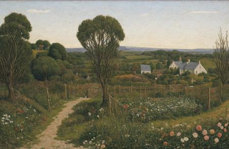 style of Henry Moret, hedgerow,garden ,orchard ,yard ,coppice ,ranch , Canyon ,