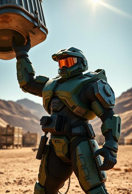 cinematic super realistic stunning visuals, Master Chief (from Halo) powerlifting a huge military metal supply container with one arm, extreme weightlifting, full body, low angle, showing off, wearing his green helmet and iconic power armor, extremely detailed, working out, open military base background, lens flare, color palette is warm and rich in saturation and contrast.