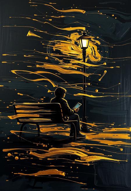 A hyper-stylistic, extremely detailed image depicts a breathtaking painting, crafted from a combination of smeared black and gold metallic paint. A person sitting on a park bench next to a lone street light at night is captured in a streaked motion, as if it is moving rapidly in one direction. The black paint is applied in bold, dynamic strokes, creating a sense of energy and movement that is contrasted beautifully by the golden accents. The gold paint is used to highlight the person, the bench and street lights features, adding a sense of depth and dimensionality to the image. The overall effect is one of breathtaking, surreal dynamism, as if the viewer has captured a fleeting moment in time. Every detail of the image is meticulously crafted, from the delicate, swirling patterns of the gold paint to the intricate, textured patterns of the black paint. The contrasts between light and dark, color and texture, create a sense of tension and energy that draws the viewer in, inviting them to explore the kinetic world of the painting. highest-Quality, intricate details, visually stunning, Masterpiece