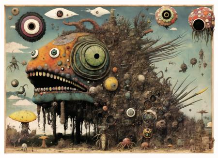 <lora:gonzobugs:1> gonzobugs squid monster with a hat, deep sea fishing, vehicle, agate geode dandelion clowncore, war-torn post apocalyptic wonderland, fauvism , Caspar David Friedrich , Takashi Murakami , Diane Dillon , album cover art, perfect, smooth, pixiv, cgsociety,