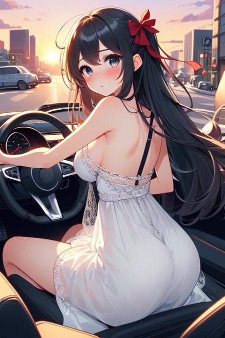 (((masterpiece))),  (((best quality))),  ((girl driving cabrio on busy street)),  ((from behind)),  ((looking viewer)),  ((windshield)),  one-hand fingers holding on steering wheel,  (((red strap cut-out gown))),  ribbon,  black longhair in wind,  cleavage,  big tits,  shy,  blush,  stockings,  sitting,  sunset,<lora:EMS-260531-EMS:0.800000>