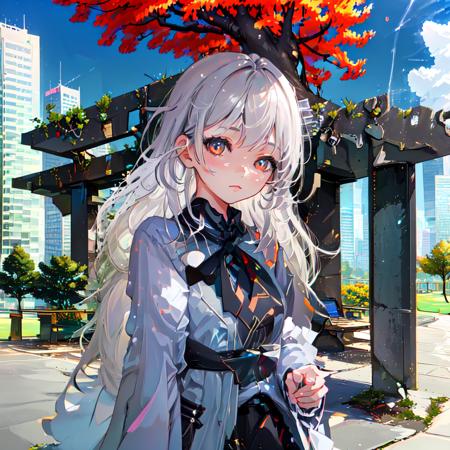 <lora:dreamart-20:1>, park bench, cloudy sky, skyscraper, tree, 1girl,