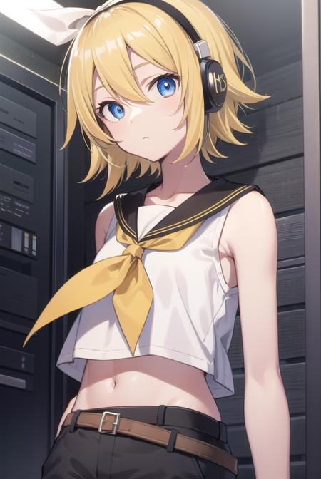 kagaminerin, <lora:rinkagaminetest:1>,
rin kagamine, blonde hair, blue eyes, hair bow, headset, short hair, headphones, (flat chest:1.2),
BREAK bare shoulders, belt, black sailor collar, black shorts, bow, crop top, detached sleeves, grey legwear, grey shorts, grey sleeves, hair bow, leg warmers, neckerchief, sailor collar, school uniform, shirt, short shorts, short sleeves, shorts, white bow, white footwear, white shirt, yellow neckerchief,
BREAK looking at viewer,
BREAK indoors, classroom,
BREAK <lora:GoodHands-vanilla:1>, (masterpiece:1.2), best quality, high resolution, unity 8k wallpaper, (illustration:0.8), (beautiful detailed eyes:1.6), extremely detailed face, perfect lighting, extremely detailed CG, (perfect hands, perfect anatomy),