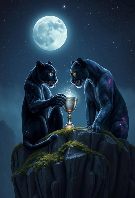 A hyper-stylized, breathtaking image of a mystical couple of celestial panthers enjoying a serene, romantic night together on a high, ancient cliff under a star-lit sky. One panther, with an inky black coat dotted with small, glowing constellations, gently nudges a silver chalice of starlit nectar toward its partner. The chalice sparkles with a soft, otherworldly light, illuminating the panther’s mesmerizing, crystal-blue eyes. The other panther, whose coat shimmers with iridescent hues of twilight purple and midnight blue, gazes at the chalice with a gentle, affectionate glow in its moonlit eyes. Around them, the rocky ledge is covered with ethereal moss that glows faintly, casting a subtle, enchanted light over the scene. In the sky above, a full moon and countless stars shine brightly, illuminating wisps of delicate, silvery mist that drift across the cliff edge. The atmosphere is a harmonious blend of romance and mystery, as if the panthers are sharing an eternal moment beneath the stars. High-quality, intricate details, visually stunning, masterpiece
