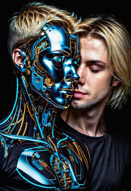 ( Ultradetailed desing T-Shirt square inside portrait woman and take only head Android man and kissing, Sci-Fi marc , 8k , tecnology detailed,chips, mechanism, beautiful neon colors , blonde and black hair, scuare desing:1.0)
