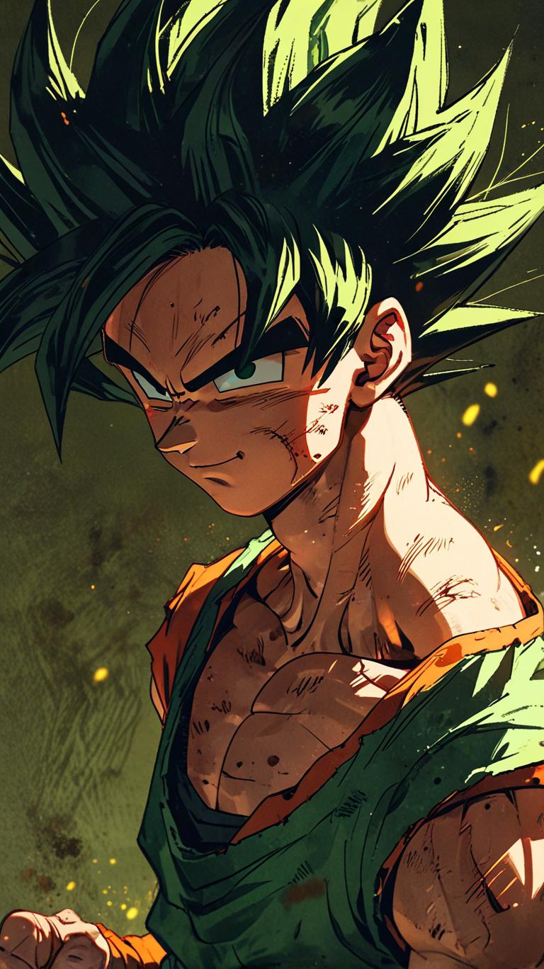 dragon ball x issou, dragon ball by tadaa tadaa, in the style of dark yellow and light green, hyper-realistic portraiture, 2d game art, staining, manticore, womancore, caffenol developing --ar 9:16 --s 750 --niji 5