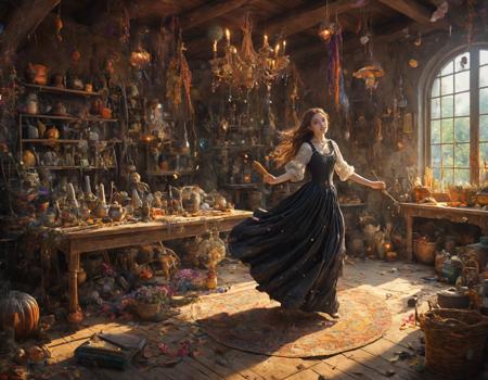 Generate a vivid description of a young witch girl dancing with joy and enchantment within her whimsical home. As she twirls and weaves intricate spells, her magic brings the brooms to life, making them brush away the dust, encourages plates to wash themselves, and tidies up the clutter in the most mesmerizing fashion. The scene is steeped in a sense of fantasy and wonder, with vivid and colorful details accentuating the magical atmosphere. Her skin is portrayed with meticulous attention, revealing every pore and nuance in vivid and vibrant colors, reflecting the joy and energy of her enchanting dance. This description should transport the reader into a realm of magical whimsy and intricate charm, where the impossible becomes delightfully real.