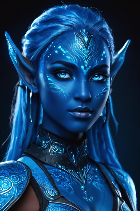 blue humanoid avatar with bioluminescent avatar markings dots and patterns on their skin. Pointed elf ears. avatar like hair,  hair colour black,  sparkling glowing blue eyes,  slightly shimmery iridescent blue skin. female,  warrior like,  magical and mystical,  detailed and realistic. Only blue skin tone. Only blue coloured skin. Skin colour all blue.