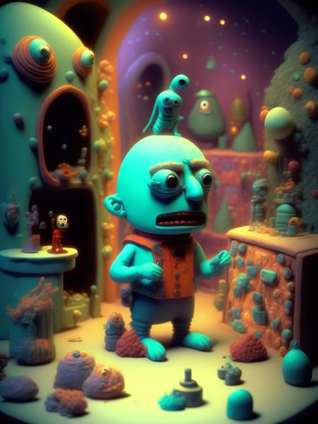 <lora:CLAYMATION:1>hot super model style claymation talk tv talk show, alien as a guest, clay, claymation in style of Will Vinton, in style of Jimmy Fallon, in style of The California Raisins, pastel colours, pastel, color, tv still