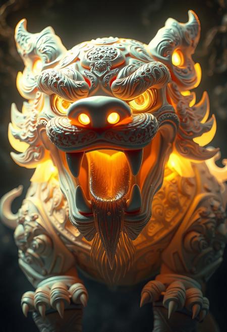 masterpiece, best quality, amazing quality, very aesthetic, high resolution, ultra-detailed, absurdres, newest,  photorealistic details, volumetric lighting, foo dog with a spherical head and no body, large gapping maw, subsurface, glowing with inner light, many small teeth, large canines, drooling, complex engravings