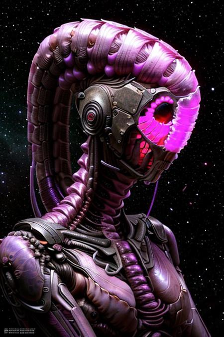 portrait of pearl Caterpillar female person (long neck, slender arms)) massive headdress, bio armour, (luminesce purple hues glowing) floating particles, insect textures, scifi,