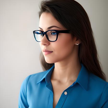 women , blue shirt and eye glass  <lora:KarlachBG3:1>