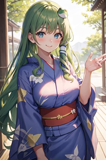 best quality, masterpiece, highres, solo, {yukata:1.40}, {kimono:1.20}, {kochiya_sanae_touhou:1.15}, green_hair, long_hair, hair_ornament, frog_hair_ornament, snake_hair_ornament, hair_tubes, blush, bangs, breasts, smile, green_eyes, upper_body, blue_eyes