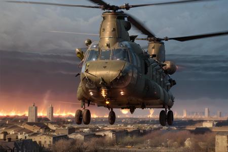 analog gloomy aerial photo of a black (Chinook helicopter, <lora:ch1n00k:0.8>), ((nighttime)), (flying low through a (city on fire) at night), city ruins, (urban combat), ((explosions in the background)), High Detail, Sharp focus, (photorealism), realistic, best quality, 8k, award winning, dramatic lighting, epic, cinematic, masterpiece, rim light, (action movie), ambient fog:1.5, war,  depth of field, dutch angle, motion blur,