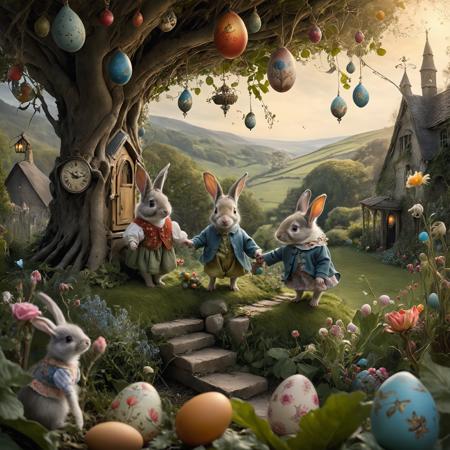 Surrealist style ethereal fantasy concept art of  (complexe background with details:1.2)  photo of  ,  in a fantasy world:1.3), (decorated egg vegetation :1.9).  (some  (children clothes rabbits:1.4) in the garden:1.4) (tree:1.2) (near the house:0.8), (a sacred fractal decorated egg has fallen from the sky:1.4). (rocks, a well, flowerbed, baby pig, baby deer, baby cat, baby dog, swing:1.3), (fairies:1.6), insects, birds. the rabbits are standing with clothes on and holding hands with (the children:1.3). The brightly coloured birds land on the (decorated eggs:1.3). Little fairies flutter around very high quality, (finely intricate details:1.4) (natural lighting:1.2) (shot on nikon d5), 85 mm lens, f5.6, (RAW photo:1.3). <lora:Surreal Harmony:1> , art by Beatrix Potter, magnificent, celestial, ethereal, painterly, epic, majestic, magical, fantasy art, cover art, dreamy . dreamlike, irrational, unexpected juxtapositions, highly detailed