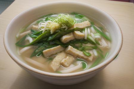 kizamikitsuneudon, noodles, bowl, food focus, food, realistic, still life, spring onion, soup, vegetable