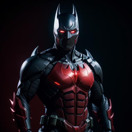 cinematic film still of  <lora:batman cyborg SD1.5:1.2>
batman cyborg a man in a red costume standing in front of a black background, shallow depth of field, vignette, highly detailed, high budget, bokeh, cinemascope, moody, epic, gorgeous, film grain, grainy