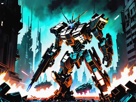 an armored core in a destroyed city,glowing,cyberpunk,art by asmaria,   <lora:AsMaria_Style_XL_Digimon_Illustrator:0.75>