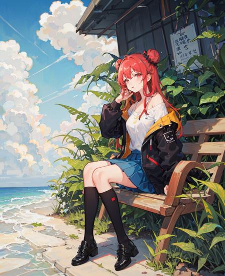 plant, potted_plant, grass, leaf, tree, bamboo, 1girl, double_bun, tanabata, flower_pot, tanzaku, off_shoulder, shoes, solo, ivy, palm_leaf, skirt, vines, overgrown, cloud, long_hair, sitting, day, red_hair, flower, blue_sky, kneehighs, outdoors, sky, branch, shirt, jacket, black_legwear, hair_bun, ribbon, looking_at_viewer, bench, foliage, black_jacket, black_footwear, long_sleeves, white_shirt, bangs, cloudy_sky, breasts, pleated_skirt