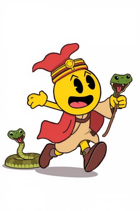 illustration of pacman dressed as a Moroccan snake charmer running away from a big snake, cartoon, simplistic,