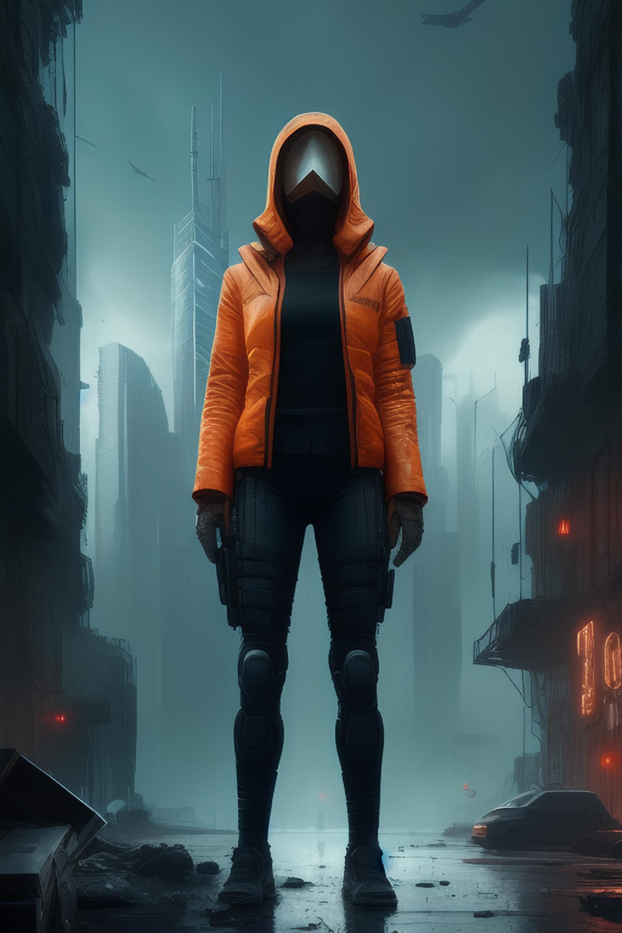 award winning artwork , high quality, full shot body photo of (russian female) wearing orange cyberpunk jacket , slender waist , slender thighs, medium build, toned muscles, angry, irritated, sweating, (dystopic city background:1.4), orange sky, by Ed Blinkey, Atey Ghailan, Alphonse Mucha, Antonio Moro, trending on ArtStation, trending on CGSociety, Intricate, High Detail, Sharp focus, dramatic, photorealistic art by midjourney and greg rutkowski