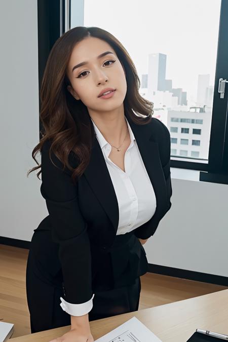 masterpiece, best quality, Poki_Mane woman, wearing a school uniform, sexy, leaning on a desk, extremely detailed, intricate detail, fine detail, careful detail, up close portrait, masterpiece, best quality, ultra-detailed  <lora:PokiMane:0.8>