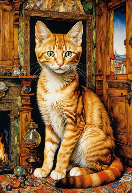 the kitten rules the house, surreal maximalist masterpiece by (egon schiele, josephine wall, hr giger)