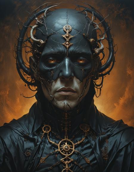 ([by Francesco Francavilla|by Marco Mazzoni]:1.5), (A brooding sorcerer draped in dark robes, their gaze as piercing as the spells they wield, harnessing the raw power of the elements with an air of ancient wisdom:0.5) (Biomechanical Romanticism, organic machinery, cybernetic love, surreal passion, futuristic tenderness:1.3)
