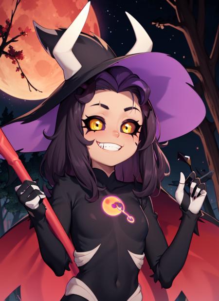 <lora:LuzNocedaTitan-06:0.85>, LuzNocedaTitan, 1girl, yellow eyes, black headwear, grin, hat, black hat, witch hat, purple hair, smile, solo, brown skin, black sclera, forest, night, red moon, dark,  solo, staff, styleThwlhs, horns, fangs, covered skin, upper body