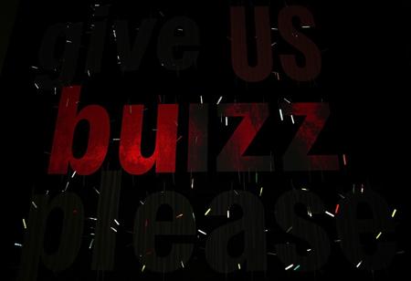 In large, ominous letters with a modern yet unsettling font, the words ‘give US buzz, please’ loom over the scene. The font appears jagged and distorted, evoking a sense of unease, as if it’s pulsing with hidden energy. The letters seem almost alive, with subtle shadows and a creeping, glitch-like effect that distorts their edges. The overall tone is dark and mysterious, making the request feel more like a demand, drawing viewers in with an eerie, compelling vibe
