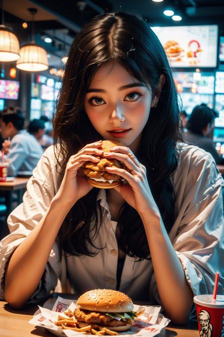 food,french fries,solo focus,restaurant,eating,cup,sitting,black hair,long hair,blurry,indoors,burger,depth of field,disposable cup,1girl,holding,multiple boys,chair,table,drinking straw,black eyes,multiple girls,faceless,blurry background,drink,pov across table,tray,kfc,realistic,
((((masterpiece)))),((((highly detailed)))),[[[realistic art]]],<lora:kfc:0.7:lbw=OUTALL>,