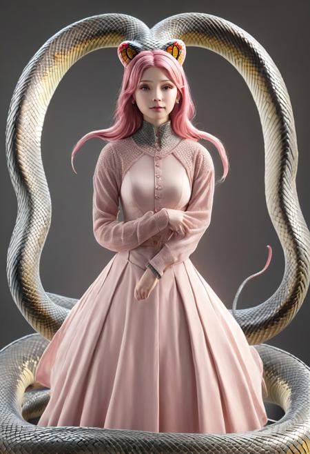 3DMM, (((beautiful, high quality))), score_9, score_8_up, score_7_up, masterpiece, best quality, unrealistically high details, extremely high quality, ultra high detail, good anatomy, perfect anatomy, anatomically correct hands:1.5, Detailed, ((detailed background)), perfect eyes, amazing background, BREAK, Goth girl, (((1girl))) made of diamond, 40 years old, short neck, gorgeous girl, cute face, cute girl, shy, blush, perfect perky tits, high res, crisp lines, sexy proportions, realistic, pink hair, long hair, wavy hair, long wavy hair, pink wavy hair, blue eyes, sapphire eyes, animal ears, pale skin, petite, athletic, BREAK, scenery(city, skyline, vibrant life, crowded street), wide shot, arrogant, aloof, playful, happy, smirk, (((snake lower body))), snake tail, half snake, snake instead of legs, sn4ke
