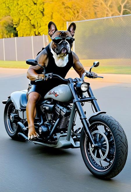 grey frenchie bulldog driving Harley , googles, portrait