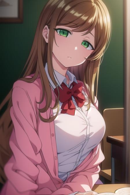 minakosanada, <lora:minakosanada-lora-nochekaiser:1>, 
minako sanada, long hair, brown hair, (green eyes:1.5),
BREAK long sleeves, bow, school uniform, bowtie, red bow, cardigan, pink cardigan,
BREAK looking at viewer,
BREAK indoors, classroom,
BREAK <lora:GoodHands-vanilla:1>, (masterpiece:1.2), best quality, high resolution, unity 8k wallpaper, (illustration:0.8), (beautiful detailed eyes:1.6), extremely detailed face, perfect lighting, extremely detailed CG, (perfect hands, perfect anatomy),