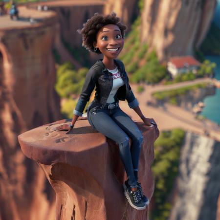 <lora:shallowfocus_style_v1_2700_lora:1> (shallowfocus style:1), pixarstyle, a young black woman on a cliff, aerial view, wearing jeans, smiling