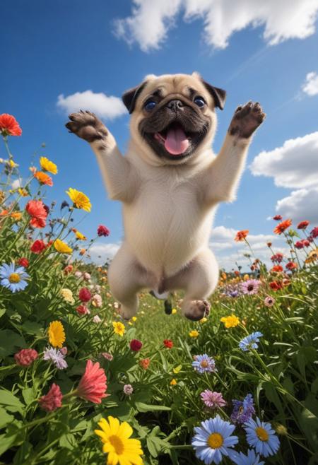 Highly detailed photograph of a pug puppy leaping through the air above a field of colorful flowers. Floppy ears, big eyes, very cute, very happy, joyful. Blue sky with fluffy clouds. Bright sun, god rays.