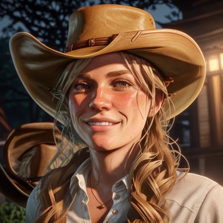 Sadie Adler, 4k, f/1.8, volumetric lighting,  (long, flowing blonde hair:1.2), ((brown eyes)), smiling at the camera, wearing a ((cowboy hat)), wearing a white shirt, ((at night)) <lora:Sadie Adler:1>