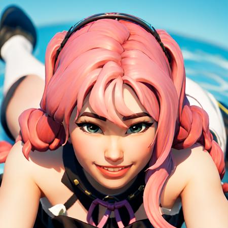 (masterpiece:1.2, best quality), FortniteStyle, 1girl, pink hair, long hair, smile, looking at viewer, black dress, laying on her back, looking up to viewer, POV, slutty <lora:Fortnite-000007:0.79>  <lora:BelleDelphineNewV4:0.6>