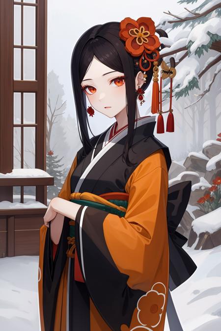 qianzhi,1girl,flower,hair ornament,solo,black hair,japanese clothes,hair flower,kimono,orange eyes,wide sleeves,red eyes,earrings,red flower,looking at viewer,long sleeves,jewelry,snowing,snow,bangs,<lora:åç»-000019:0.8:lbw=role>,, 1girl,
,  (masterpiece,best quality:1.2),absurdres