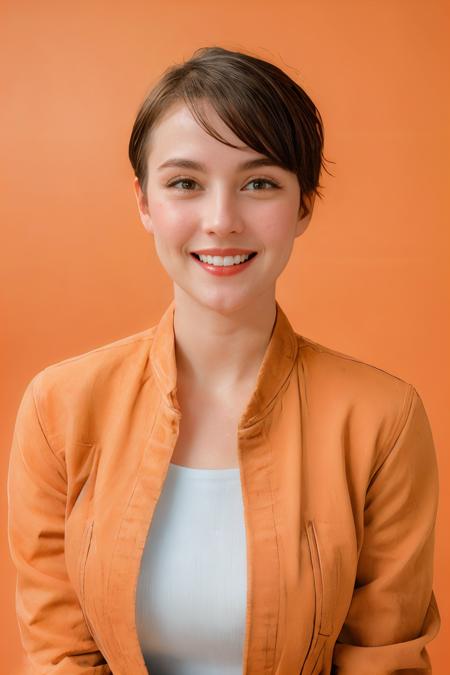analog film photo solo, gstyle, realistic, ((woman)), (((short hair))), (((happy512))), (((Jumpsuit, denim jacket, and flats.))), ((Simple Light Orange background:1.5)), ((dynamic pose)), high detailed, 8k, clear facial features, <lora:PAseer-SD15-LCM Quick:1> <lora:ReaLora:.2> skin <lora:GStyle_-_Photography_Style:.4> <lora:PHM_-_Kim_Domingo_LoRA:1> kimdomingo . faded film, desaturated, 35mm photo, grainy, vignette, vintage, Kodachrome, Lomography, stained, highly detailed, found footage