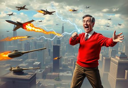 Mr Rogers, wearing a red sweater, slacks, loafers, attacking a large city, crushing buildings throwing cars, electric breath. Being attacked by tanks and fighter jets