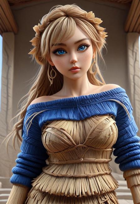Straw thread,  Cambodian woman, asian features, long hair, huge boobs, small waist, fitness body, toned muscle, wide hips, An extreme photorealistic upper body shot of a cat girl with mesmerizing golden eyes and slit pupils. She has long, flowing two-tone hair, hair with striking unrealistic beauty. red lips, the skin has tiny imperfections like pores, faint freckles, and slight skin texture variations to add realism. Realistic lip texture with soft lines, slight gloss, and natural color variation. Realistically detailed tear ducts, slightly moist, enhancing the natural appearance of the eyes. Faint, barely visible veins under the eyes, adding depth and authenticity to the skin. Individually rendered eyebrow hairs with natural variation in direction, length, and thickness. Variation in hair strand thickness, with some thinner and finer than others, Gothic castle, lively, luminescent, Majestic castle, big eyes, fully dressed, (straw sweater:1.8), (castle:1.4), (outdoors:2), CZC, FULL BODY, CLOTHED, hands behind the head, agile pose, dynamic pose, (action:1.6), rinami_a_xl, light brown hair, single hair bun, swept bangs, sidelocks, long hair, (blue:1.5).