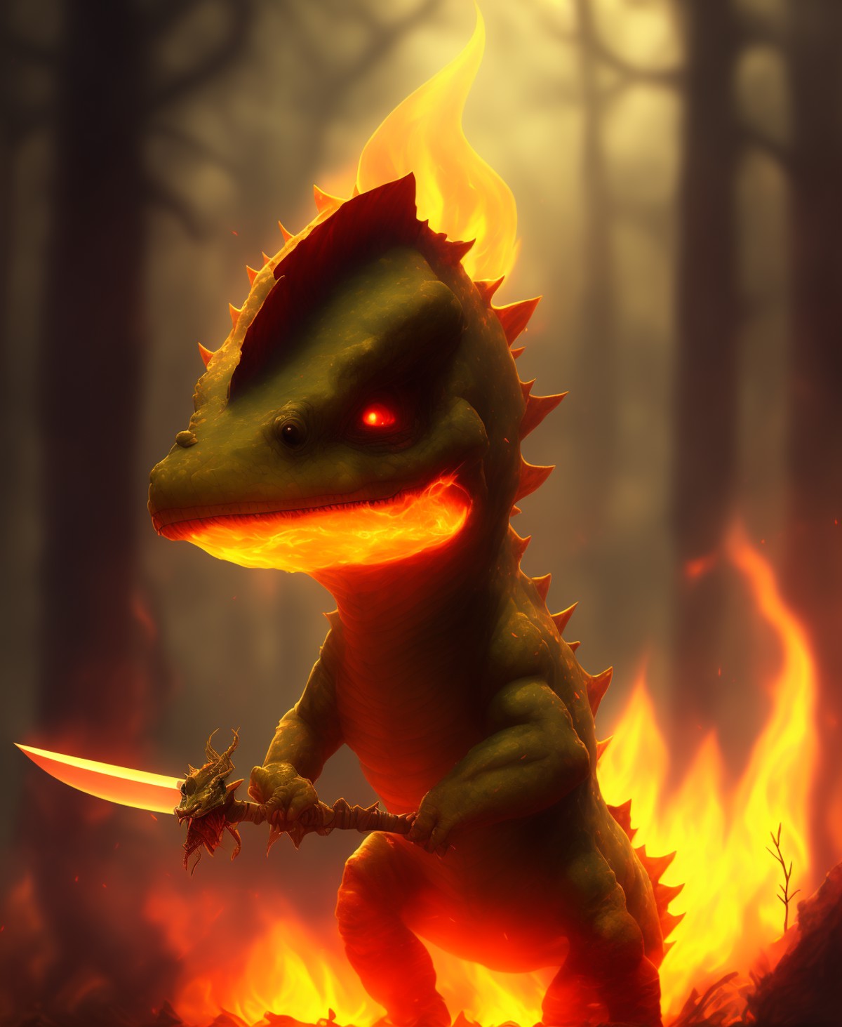 scary dicuki with a sword in a forest in flames, fire, ,  beautiful, cute , 4k, detailed , digital art, trending arstation