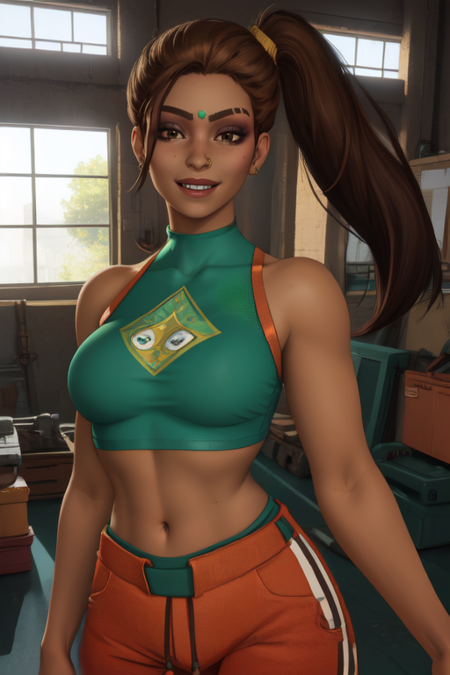 Rampart, forehead jewel, nose piercing, side ponytail ,brown hair,  brown eyes, 
solo, standing, smiling, upper body,  navel,   
green crop top,   orange pants,   
tool shop,  indoors,  
(insanely detailed, beautiful detailed face,beautiful detailed eyes, masterpiece, best quality) 
 <lora:Rampart-10v7:0.8>