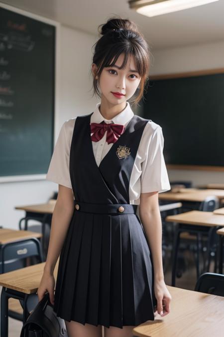 ultra-detailed,highly detailed,best quality,masterpiece,illustration,realistic,
school uniform, solo, 1girl, 
hair ribbon,collared shirt, pinafore dress, pleated skirt,  long skirt, short sleeves, bowtie, 
standing,looking at viewer,  \m/,cowboy shot, 
black hair,hair bun, short hair, brown hair, bangs, 
blurry background,  photo background,indoors,school, classroom, 
<lora:school uniform__hnq_v1_05:0.7>