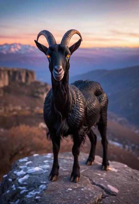 realistic, cute, fluffy, adorable, full body, black [goat|snake|snake], snake dark scales, translucent ear, beautiful glowing eyes, short hair, standing on a cliff, cloudy, sunrise, open field background, trees, snowy mountains, vivid colors, subsurface scattering, intricate, insane detailed, shallow depth of field, vignette, bokeh, moody, epic, gorgeous, cinematic,