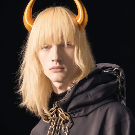 <lora:balenciaga:1>, balenciaga, photo \(medium\), blonde hair, chain, chains, drunk, gourd, hood, hooded jacket, horns, orange hair, ribbon, ribbons