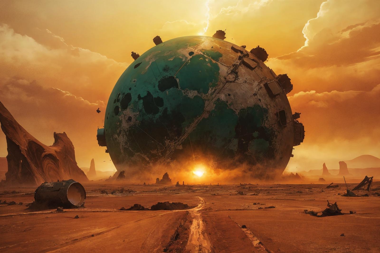 A large, crumbling, green, planet-like structure with a sunset in the background.