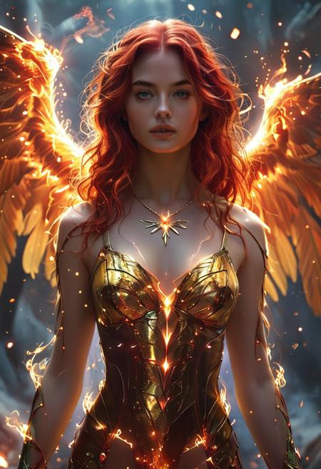 In Casey Baugh's evocative style, 1girl, solo, art of marvel Jean Grey woman in her Phoenix form, surrounded by flames,  long fiery red hair, ornate golden jewelry diadem, lips slightly parted, realistic detail, glowing phoenix aura blazing around her, fiery wings of flames unfurling, blurry background of cosmic debris, set against a cosmic background, captured in analog film grain, 4k, intense and dramatic, vintage look, <lora:Mystic_Lumina_r1:0.7>  , award winning art, marvel jean grey woman, <lora:marvel jean grey woman 1a:0.8>