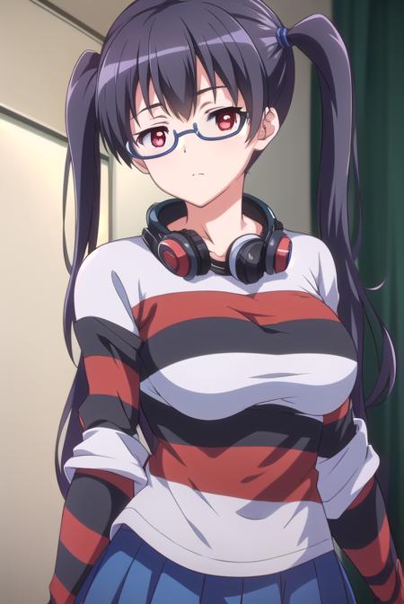 iorikousaka, <lyco:iorikousaka-lyco-nochekaiser:1>, 
iori kousaka, black hair, twintails, glasses, (red eyes:1.5),
BREAK skirt, thighhighs, pantyhose, (striped sleeves:1.5), shirt, headphones, t-shirt, clothes writing, semi-rimless eyewear, headphones around neck, raglan sleeves,
BREAK looking at viewer,
BREAK indoors,
BREAK <lora:GoodHands-vanilla:1>, (masterpiece:1.2), best quality, high resolution, unity 8k wallpaper, (illustration:0.8), (beautiful detailed eyes:1.6), extremely detailed face, perfect lighting, extremely detailed CG, (perfect hands, perfect anatomy),